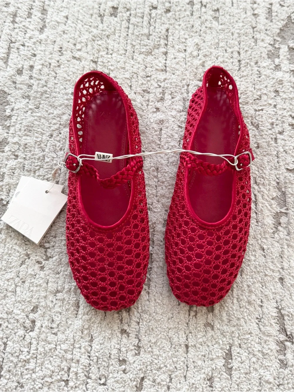 ZARA Red Crochet Mary Jane Shoes with Braided Strap